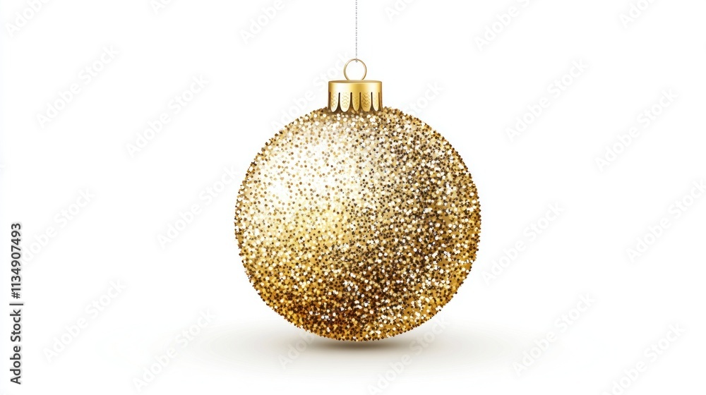 Shimmering golden Christmas ball with silver glitter and an embossed texture, suspended against a pure white backdrop. 3D vector ornament. Shimmering golden Christmas ball with silver glitter and an embossed texture, suspended against a pure white backdrop. 3D vector ornament.