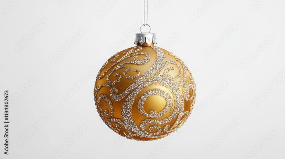 Shimmering golden ornament with embossed patterns and silver glitter detailing, hanging against a crisp white backdrop. 3D vector art. Shimmering golden ornament with embossed patterns and silver glitter detailing, hanging against a crisp white backdrop. 3D vector art.