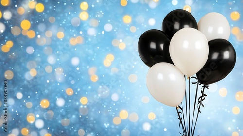 Party Background with lights, confetti, black and white balloons and ribbon,  copy space over the hill photo