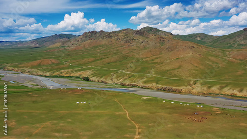 Aerial mountains landscape in Orkhon valley photo