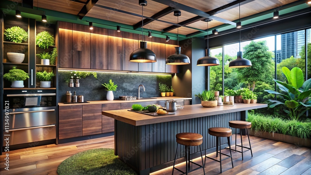 Elegant dark wood countertop with stylish fixtures and vibrant greenery creates a modern kitchen ambiance, perfect for showcasing culinary delights and sophisticated design elements. Elegant dark wood countertop with stylish fixtures and vibrant greenery creates a modern kitchen ambiance, perfect for showcasing culinary delights and sophisticated design elements.