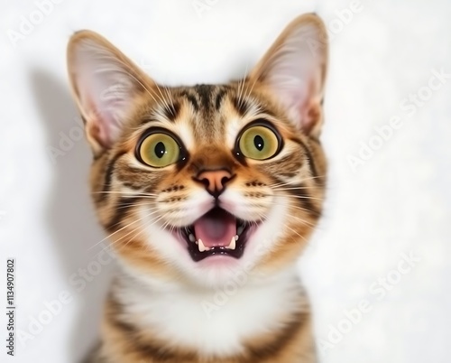 Close-up Of An Angry And Surprised Cat Isolated On White Background With A Funny And Excited Expression, Cat Portrait