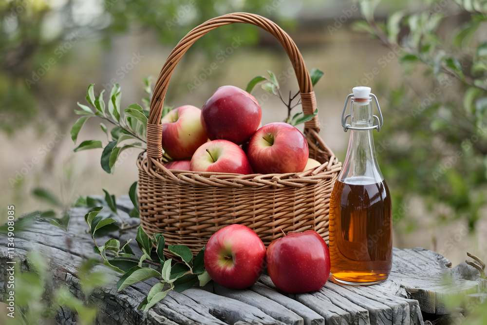 A wicker basket brimming with apples, amber liquid, and greenery, evoking warmth and freshness A wicker basket brimming with apples, amber liquid, and greenery, evoking warmth and freshness