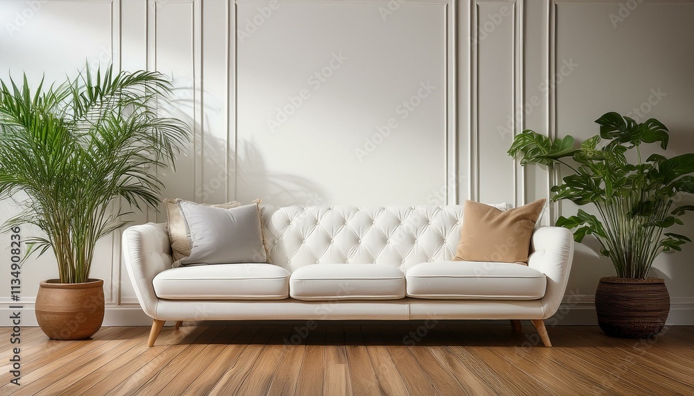 Interior with white sofa, plants on both sides, wooden floor, white walls Interior with white sofa, plants on both sides, wooden floor, white walls