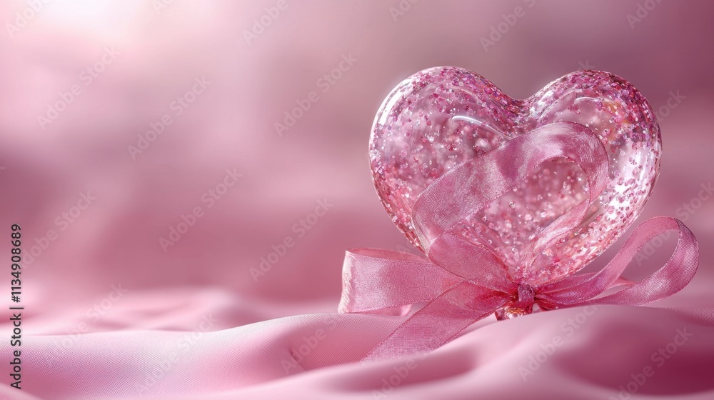 Pink sparkling heart on soft fabric with a delicate ribbon. Pink sparkling heart on soft fabric with a delicate ribbon.