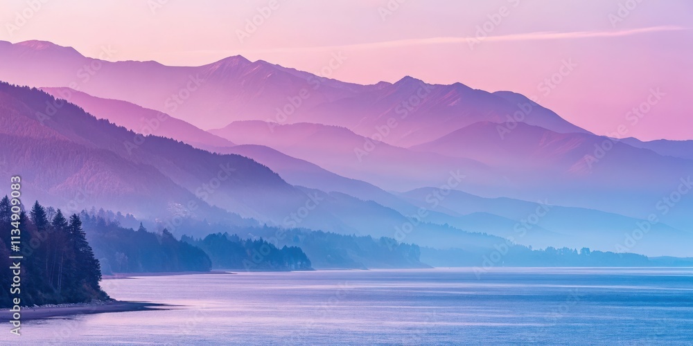 Fototapeta premium Serene pastel mountainscape at dawn, layered hills meet tranquil water