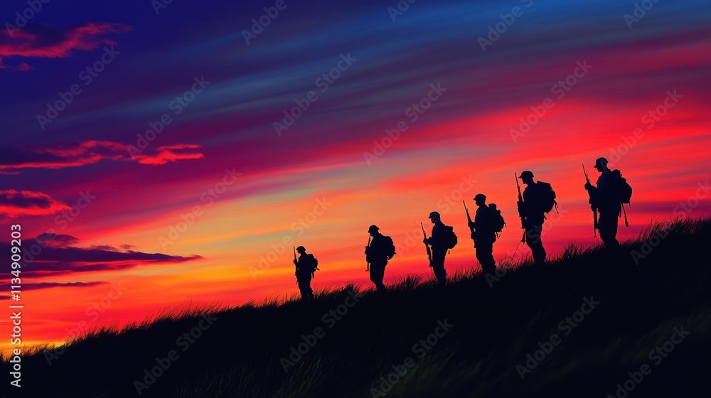 Silhouettes of soldiers with the American flag against a colorful sunset sky, commemorating Veterans Day. Silhouettes of soldiers with the American flag against a colorful sunset sky, commemorating Veterans Day.