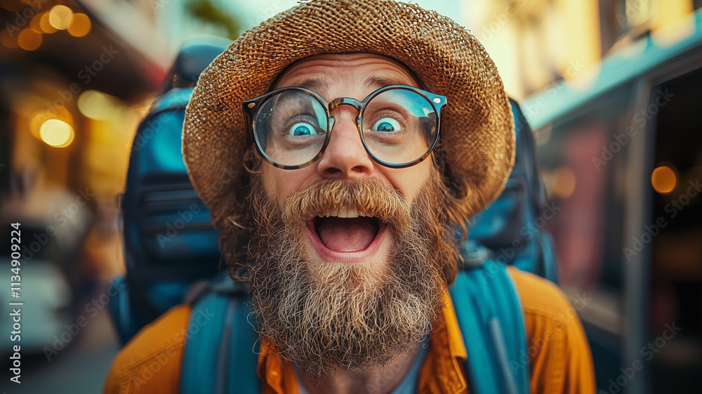 Excited bearded man wearing glasses, a straw hat, and a backpack, radiating joy and enthusiasm on his travels. Excited bearded man wearing glasses, a straw hat, and a backpack, radiating joy and enthusiasm on his travels.