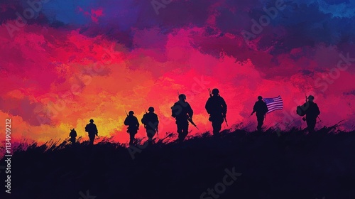 Silhouettes of soldiers with the American flag against a colorful sunset sky, commemorating Veterans Day. photo