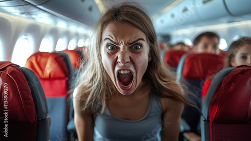 Angry young woman shouting on an airplane, seated among red seats, expressing frustration or panic during travel.