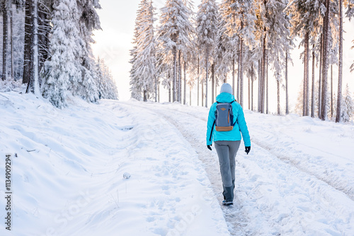 Obraz na płótnie Eastern Sudetes, Young woman hikes on a mountain snow-covered trail, walks on white snow through the forest and looks at the snow-covered trees, winter landscape in the mountains. w salonie
