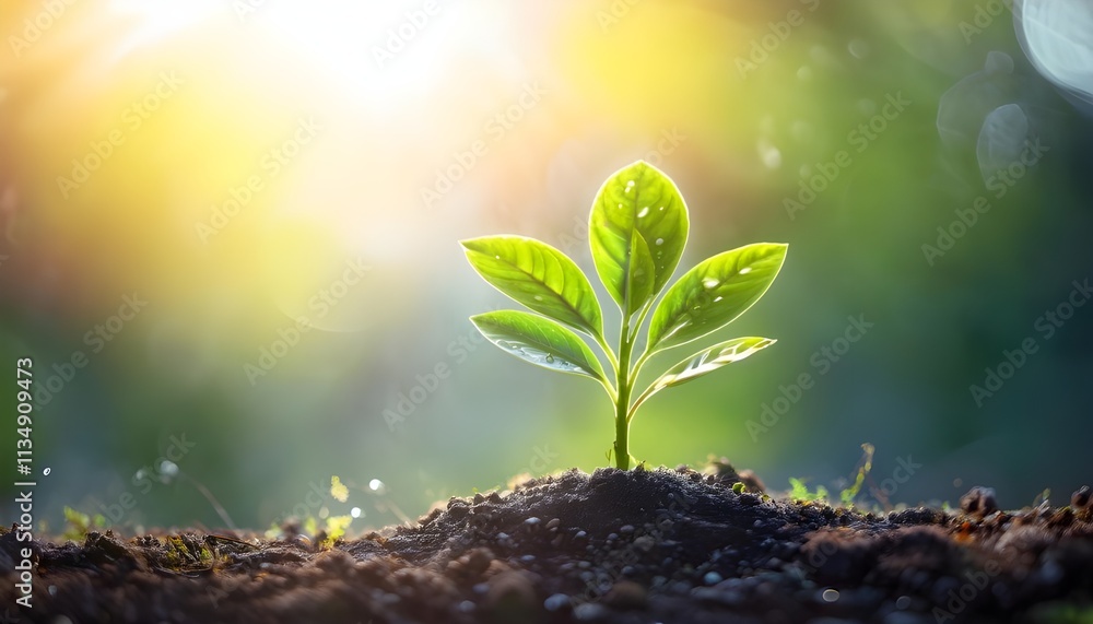 Young Green Seedling Growing in Soil with Sunlight Optimistically Shining Young Green Seedling Growing in Soil with Sunlight Optimistically Shining