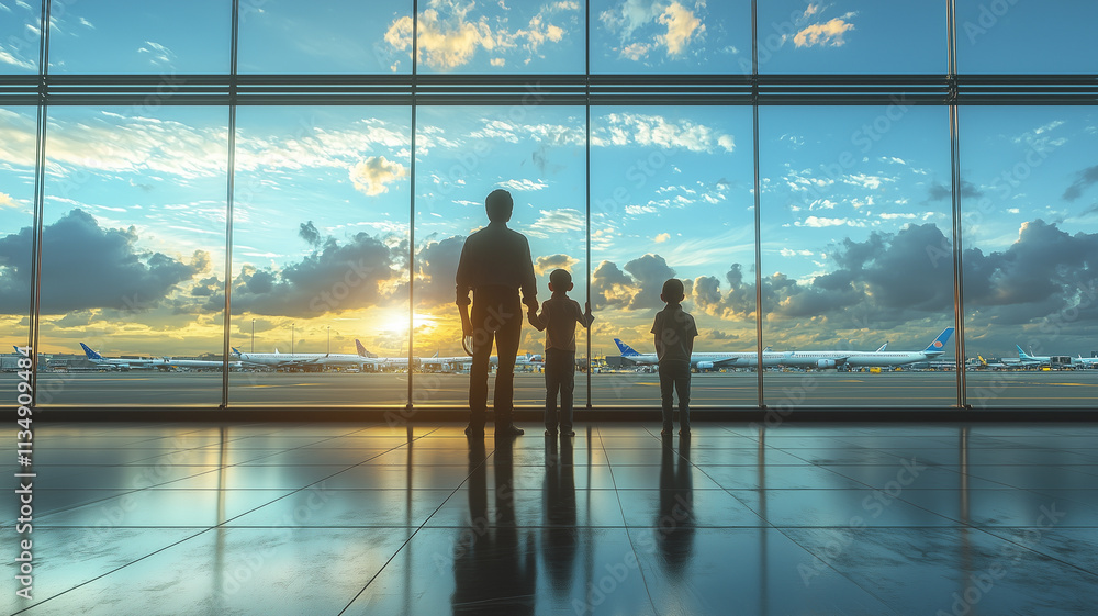 A father and his children gaze at planes through large airport windows as the sun sets over the horizon. A father and his children gaze at planes through large airport windows as the sun sets over the horizon.