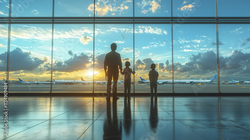 A father and his children gaze at planes through large airport windows as the sun sets over the horizon.