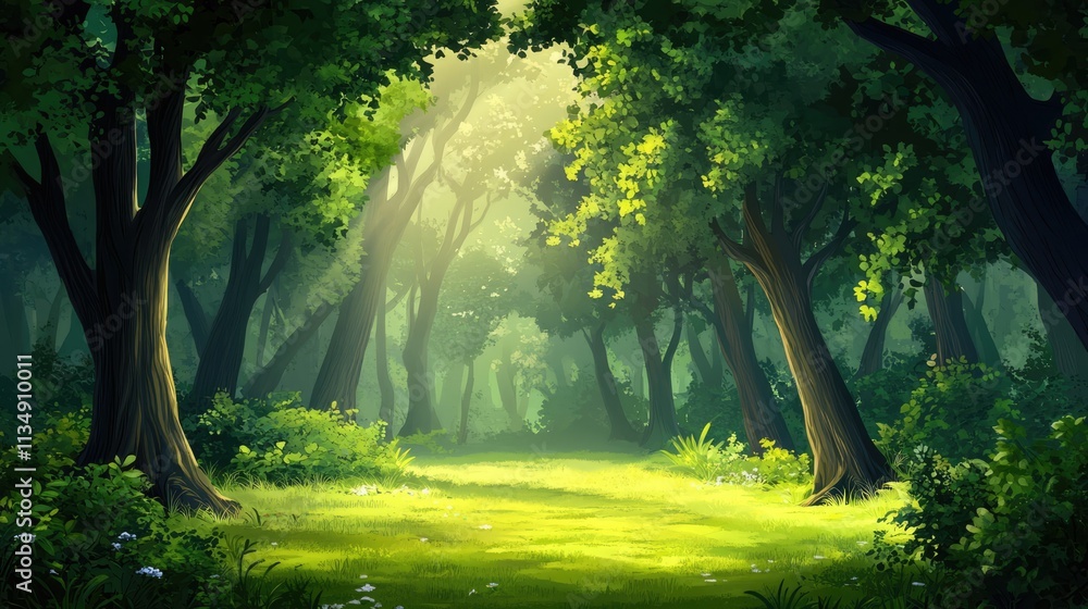 Obraz premium Lush forest scene with sunlight streaming through trees creating a tranquil and serene atmosphere in a natural woodland setting.