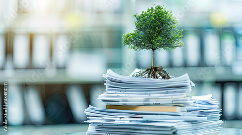 A small tree growing on top of stacks and piles of papers in an office setting