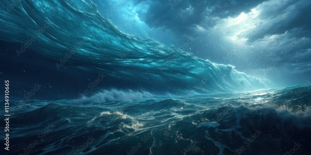 Fototapeta premium A colossal ocean wave looms under a tempestuous sky, a dramatic depiction of nature's immense power