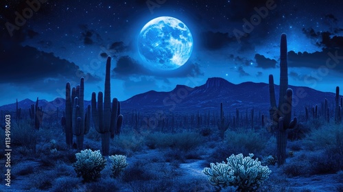 Super blue blood moon illuminating a desert landscape with cacti under a starry night sky showcasing natural beauty and celestial phenomena