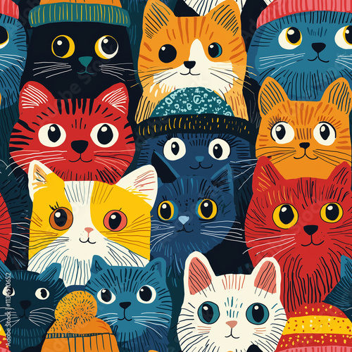 A playful and colorful illustration of various cats with seamless patterns and vivid hues, radiating charm and whimsy.
