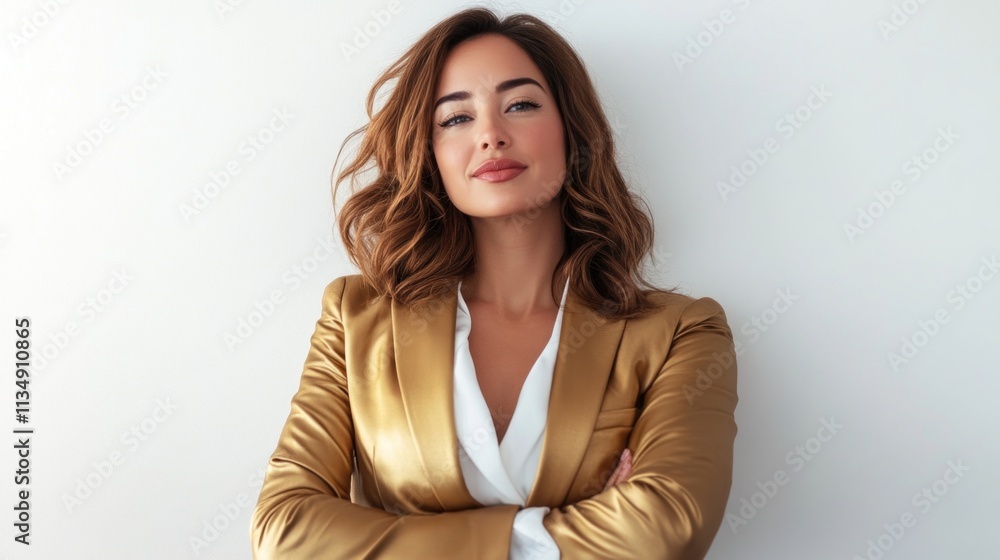 Sophisticated woman in a gold blazer, striking a confident pose in front of a clean white background. Sophisticated woman in a gold blazer, striking a confident pose in front of a clean white background.