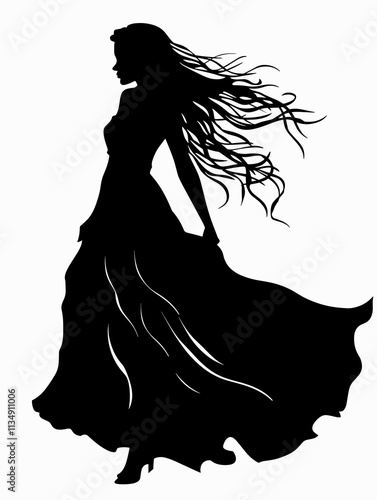 Woman in a long dress with long hair. She is standing in front of a white background