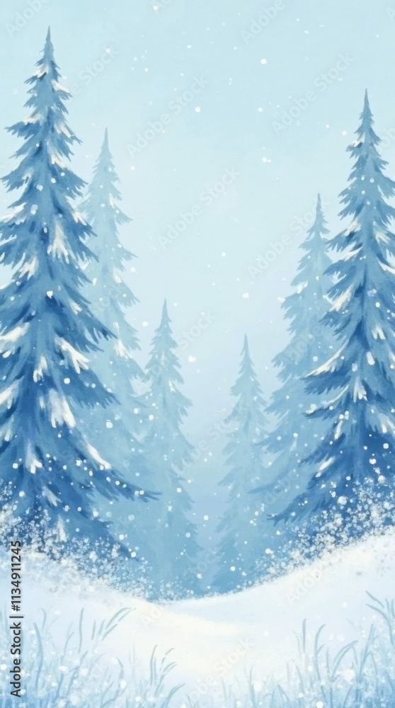 Obraz premium Frozen winter snow forest banner. Watercolor snowflakes poster. Snowy trees wallpaper background