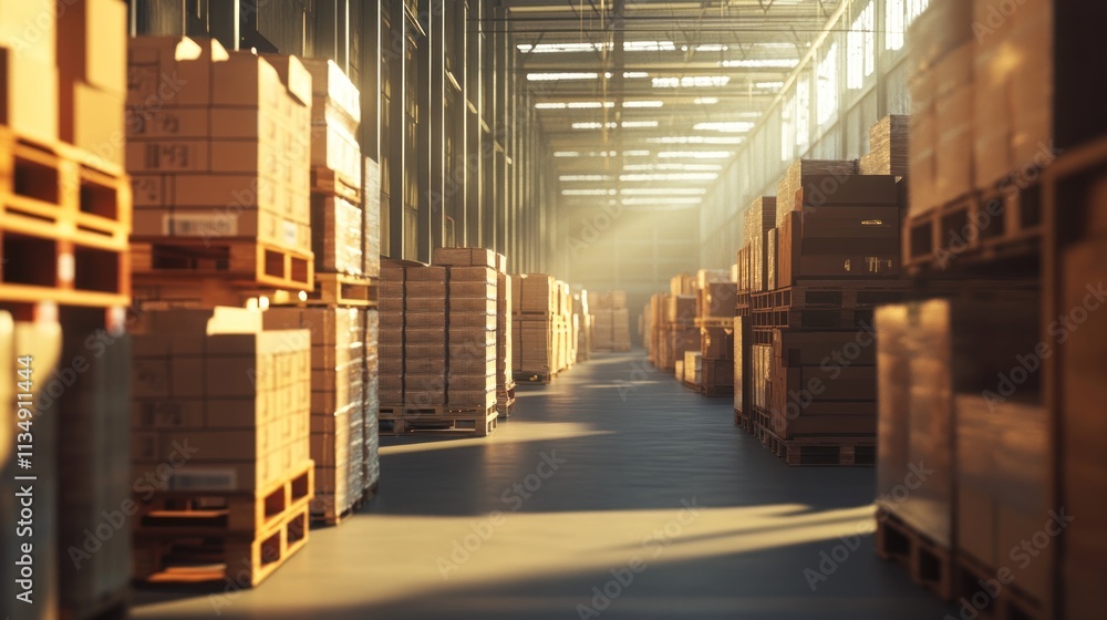 Spacious warehouse aisle, brightly lit and filled with organized stacks of pallets and boxes. Spacious warehouse aisle, brightly lit and filled with organized stacks of pallets and boxes.