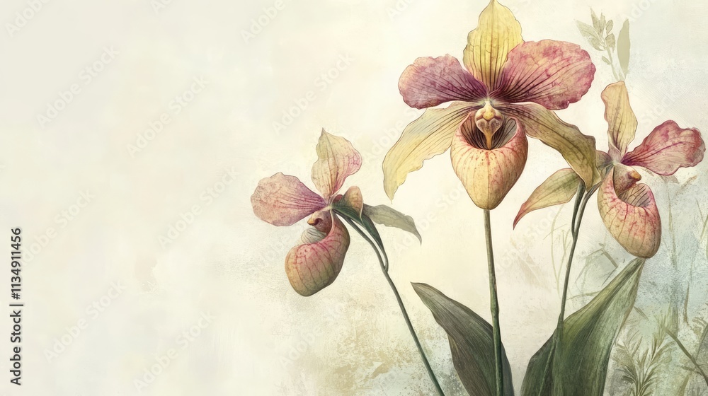 Naklejka premium Paphiopedilum orchid flowers with pastel hues set against a soft artistic background showcasing delicate petals and natural beauty