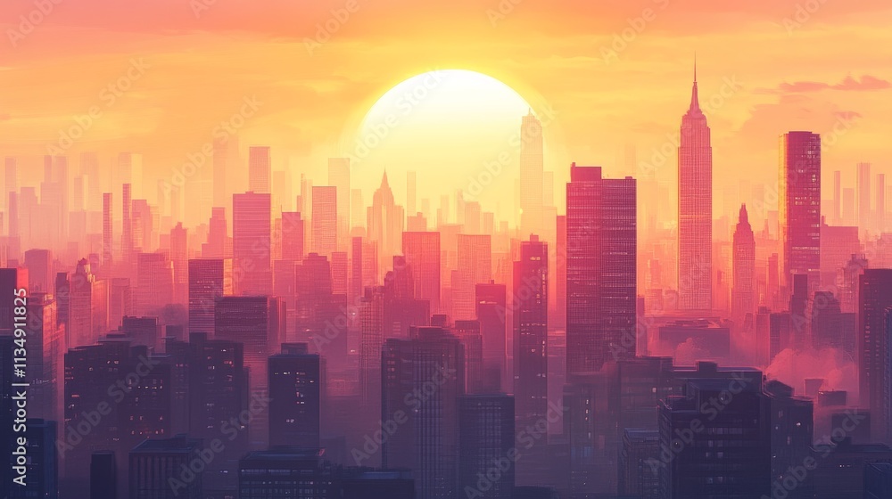 Fototapeta premium City skyline sunrise views, sun rising behind a metropolitan skyline, casting a warm glow over skyscrapers and cityscape