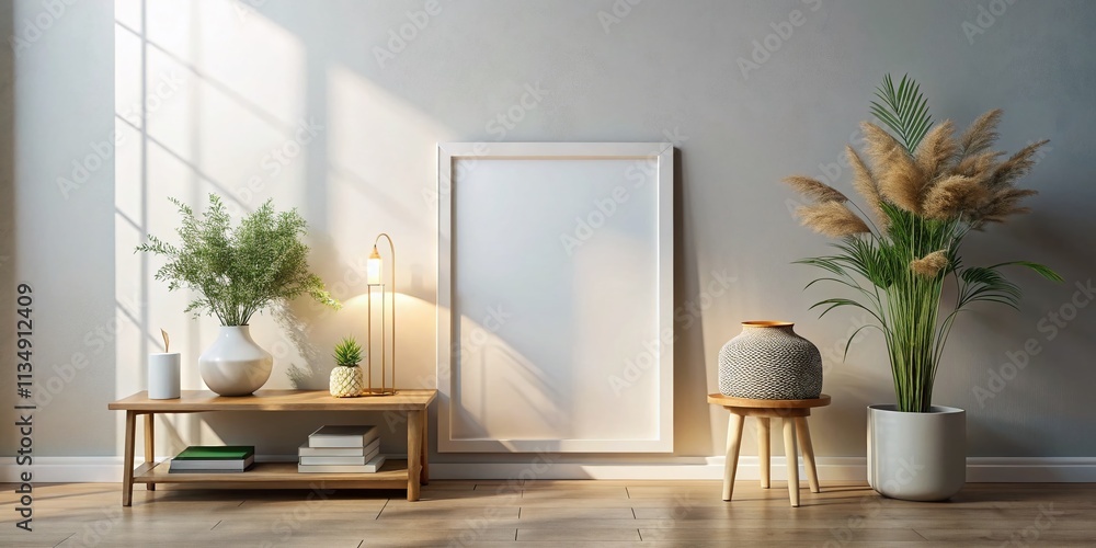 Fototapeta premium Elegant Frame Mockup Featuring a Tranquil Interior with Soft Lighting and Minimalist Decor, Perfect for Showcasing Art or Photography in a Serene Environment