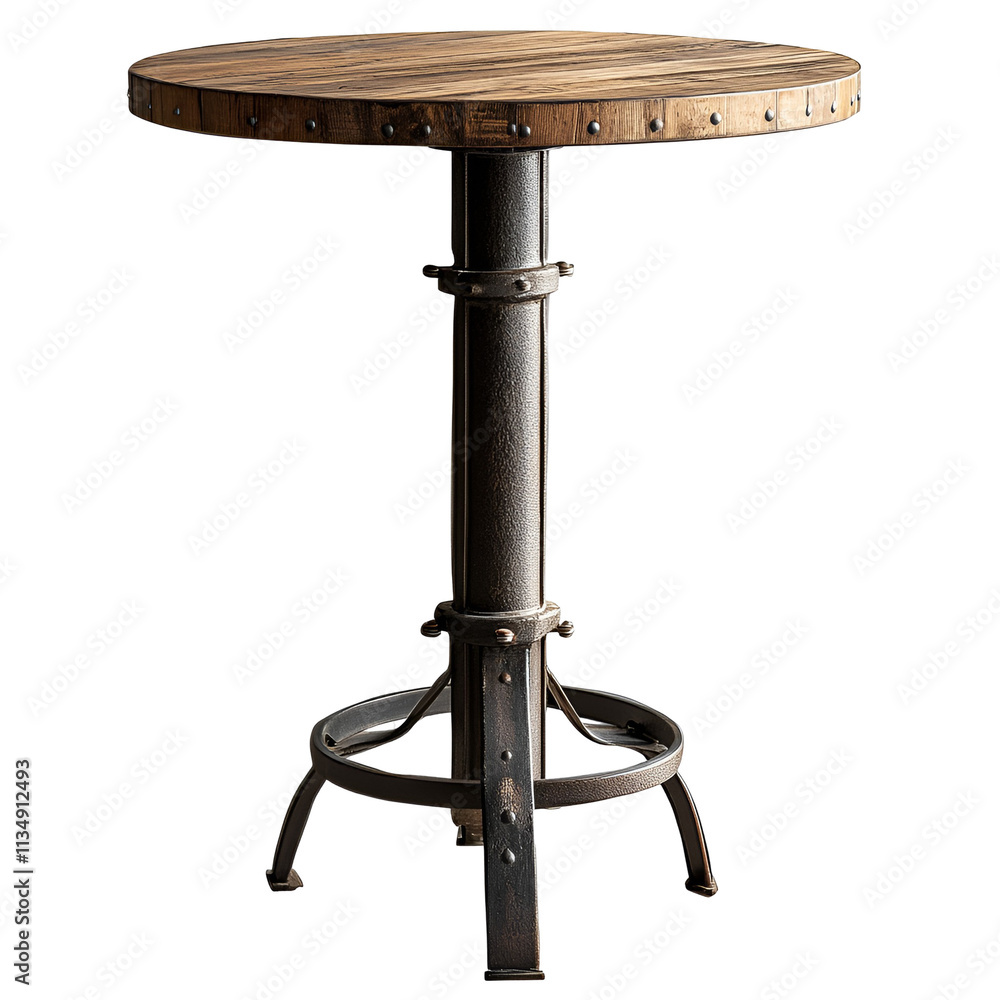 Naklejka premium Rustic Industrial Round Wooden Pub Table Metal Base Design