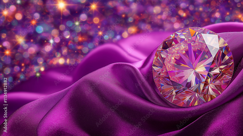 Sparkling Luxury: A magnificent diamond, cut with impeccable precision, rests upon a plush purple satin fabric, its facets catching the light and reflecting a dazzling array of colors. Sparkling Luxury: A magnificent diamond, cut with impeccable precision, rests upon a plush purple satin fabric, its facets catching the light and reflecting a dazzling array of colors.