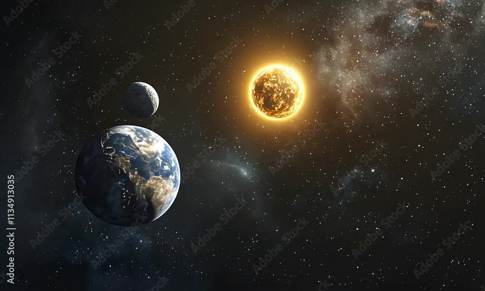 A cosmic scene depicting planets and a bright sun in the vastness of space. A cosmic scene depicting planets and a bright sun in the vastness of space.