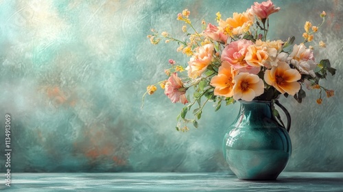 Elegant floral arrangement in a vintage vase against a soft textured backdrop showcasing pastel colors and delicate blooms.