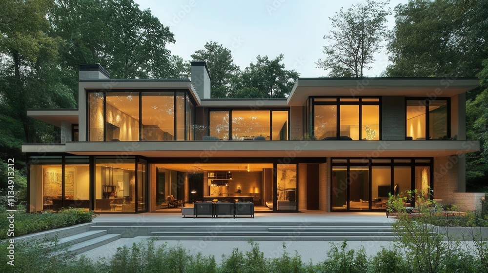Fototapeta premium a modern minimalist house with clean lines, large glass windows, and neutral tones blending seamlessly with nature.