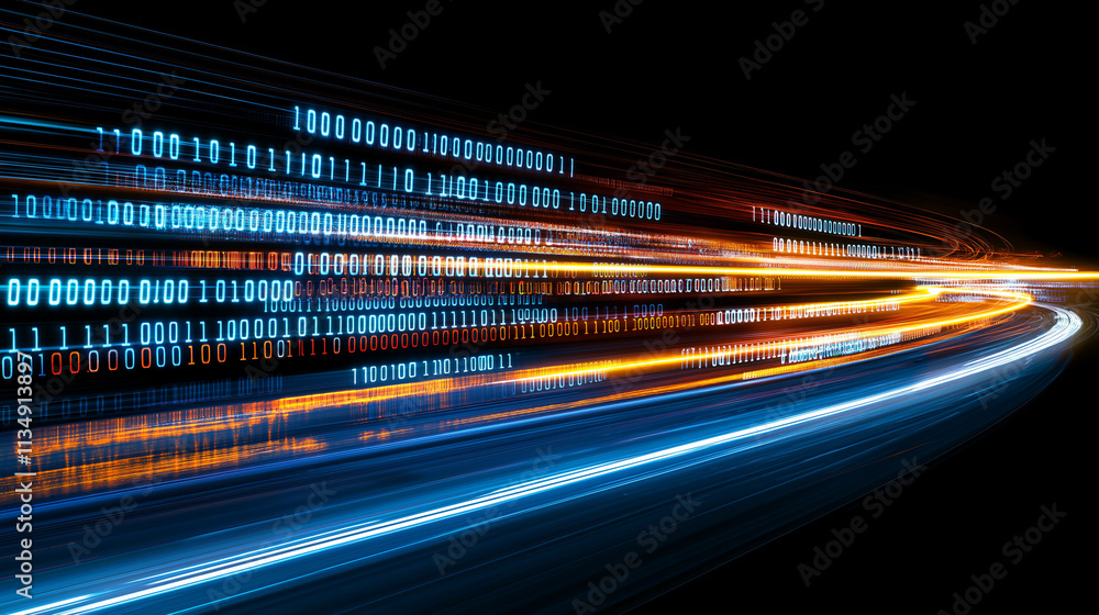 Fototapeta premium Digital Highway: A futuristic depiction of a virtual highway with streaks of light and binary code blurring in the distance, symbolizing the speed, connectivity, and constant evolution of technology.