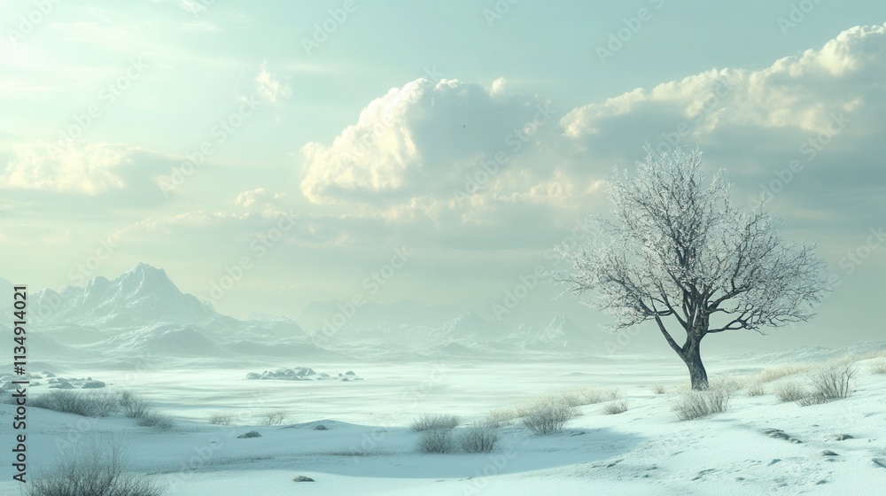 Obraz premium an expansive snowy plain under a pale winter sky, with distant mountains and a solitary tree standing tall.