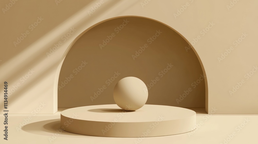 Beige Egg Rests on Circular Platform Within Archway Beige Egg Rests on Circular Platform Within Archway