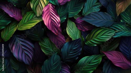 Vibrant textures of diverse Calathea leaves creating a lush tropical foliage background for nature-themed designs and spring aesthetics photo