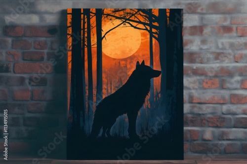 Canvas print showcasing a majestic wolf silhouette howling at the orange moon in a dark forest at dusk, creating a captivating and evocative atmosphere photo