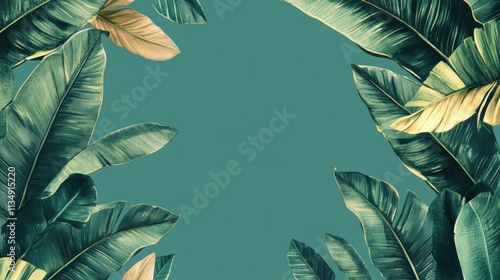 Tropical banana leaves framing a serene green background for nature inspired designs and eco-friendly themes photo