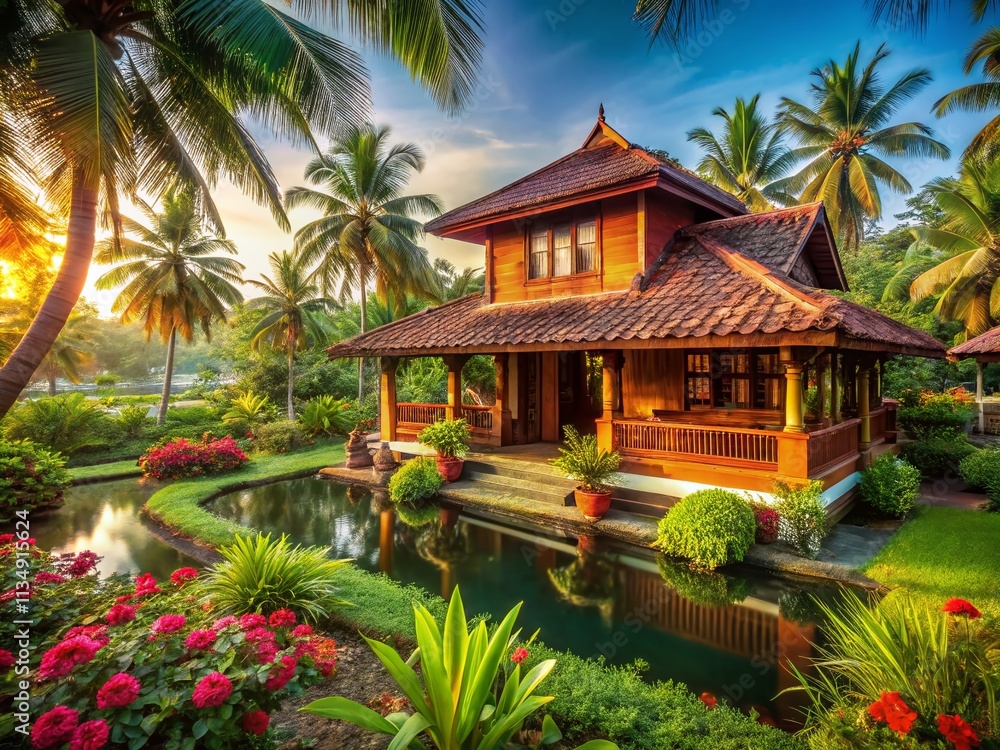 Elegant Kerala Model House Surrounded by Lush Greenery and Traditional Architecture Capturing the Essence of South Indian Lifestyle and Modern Living in a Picturesque Setting Elegant Kerala Model House Surrounded by Lush Greenery and Traditional Architecture Capturing the Essence of South Indian Lifestyle and Modern Living in a Picturesque Setting