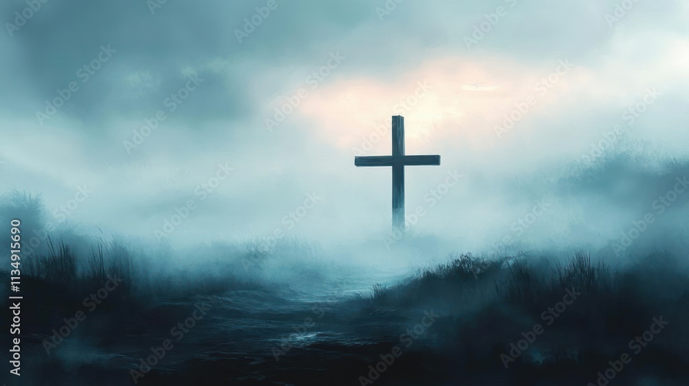 Fototapeta premium Misty Landscape with Cross Symbolizing Faith and Spirituality