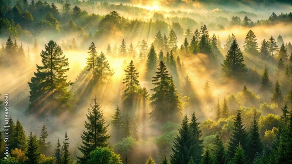 A Misty Forest Bathed in Golden Sunlight, with Rays Piercing Through the Canopy, Creating a Magical Atmosphere A Misty Forest Bathed in Golden Sunlight, with Rays Piercing Through the Canopy, Creating a Magical Atmosphere