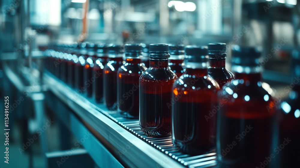 Bottles of dark liquid move along a conveyor belt in a production facility for beverages Bottles of dark liquid move along a conveyor belt in a production facility for beverages