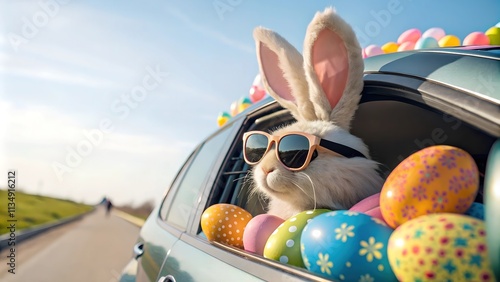 Wallpaper Mural  Easter bunny wearing sunglasses driving a car filled with colorful easter eggs, embarking on a spring adventure Torontodigital.ca
