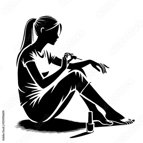 Silhouette of a girl painting her nails in a relaxed and stylish pose