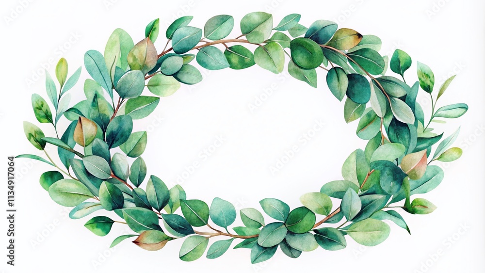 Elegantly Handdrawn Watercolor Frame Featuring a Round Eucalyptus Wreath: Perfect for Fashion Photography and Nature-Inspired Design Elements Elegantly Handdrawn Watercolor Frame Featuring a Round Eucalyptus Wreath: Perfect for Fashion Photography and Nature-Inspired Design Elements