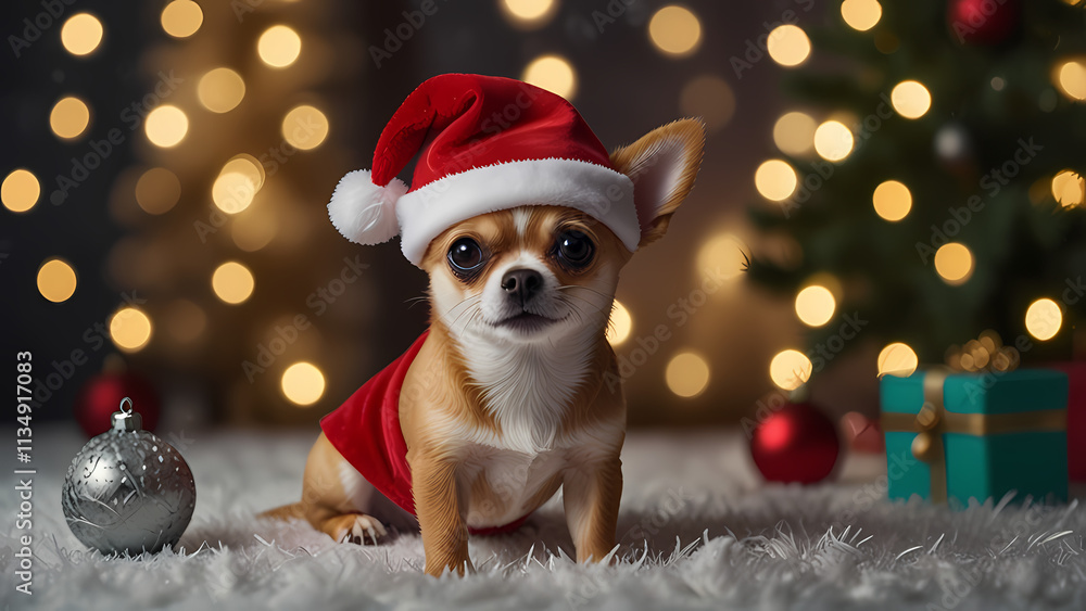 a Chihuahua Dog doll wearing a Santa Claus ha with wrapped gifts a Chihuahua Dog doll wearing a Santa Claus ha with wrapped gifts