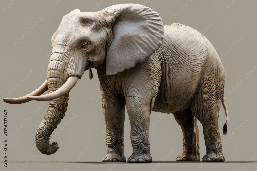 Fototapeta premium Highly detailed 3d rendering of an african elephant, showcasing its wrinkled skin, powerful tusks, and large ears, standing against a neutral background